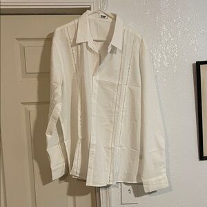 Men's White Casual Button-Down Shirt with Openwork Detailing